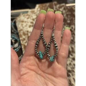 Native American Sterling Silver Navajo Pearl Blue Turquoise Nugget Hoop Earrings